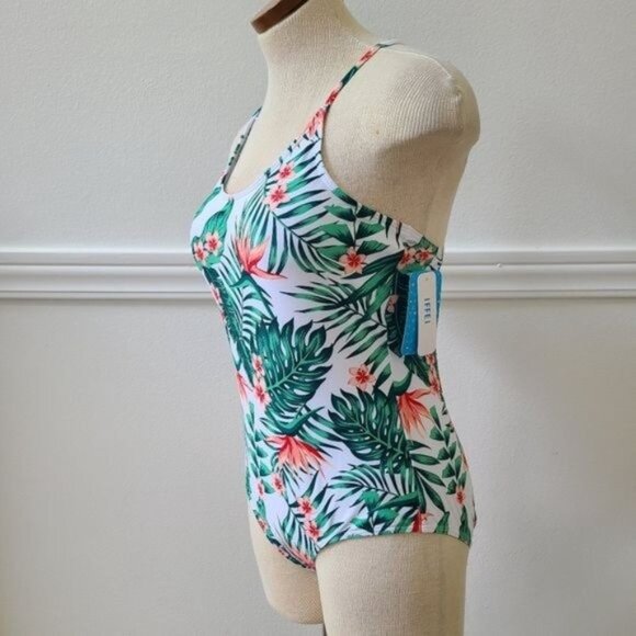 IFFEI white green orange Tropical floral Swimsuit, adjustable straps L - Picture 4 of 6
